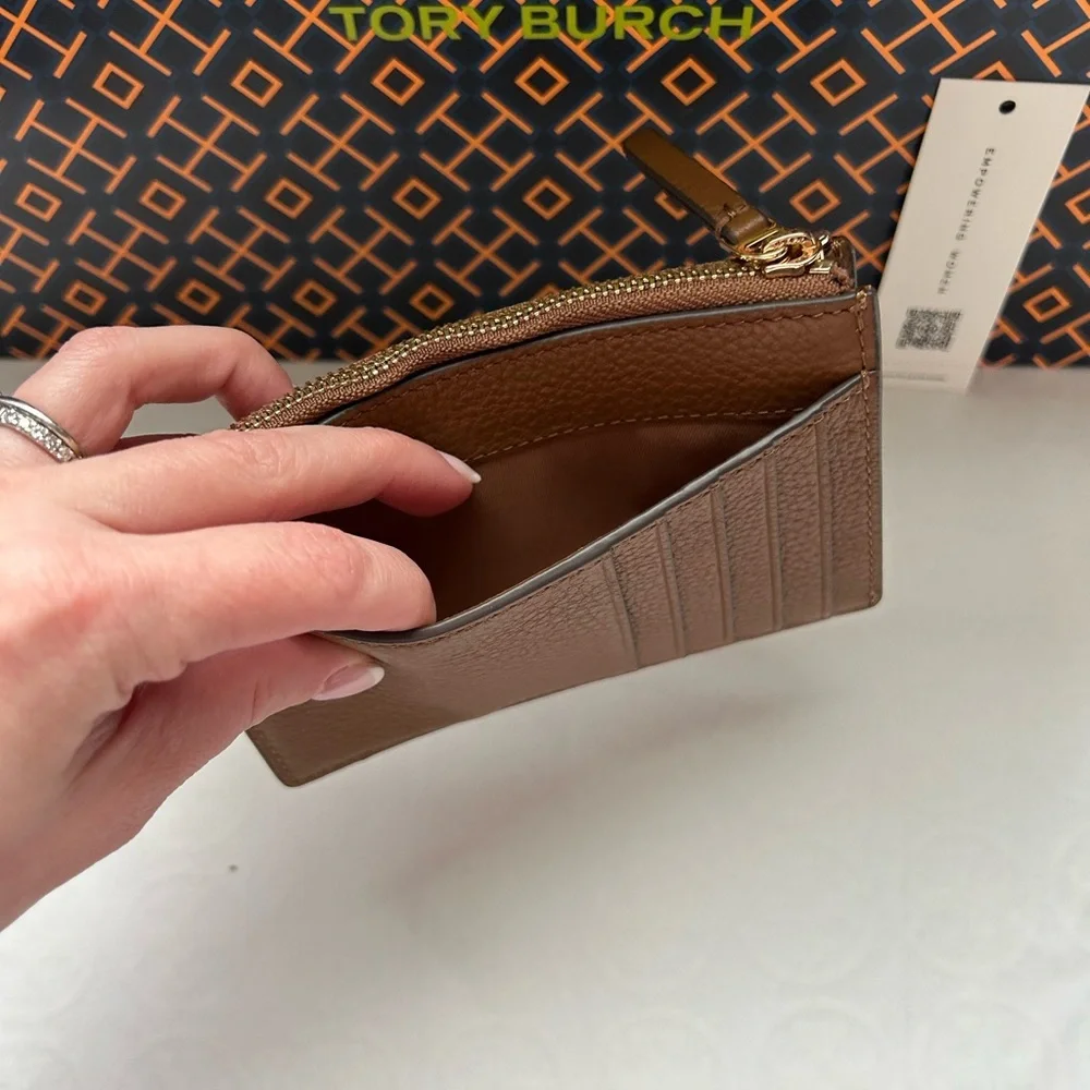 Tory Burch Britten Zip Card Case Card Wallet Moose Gold Tan Brown
